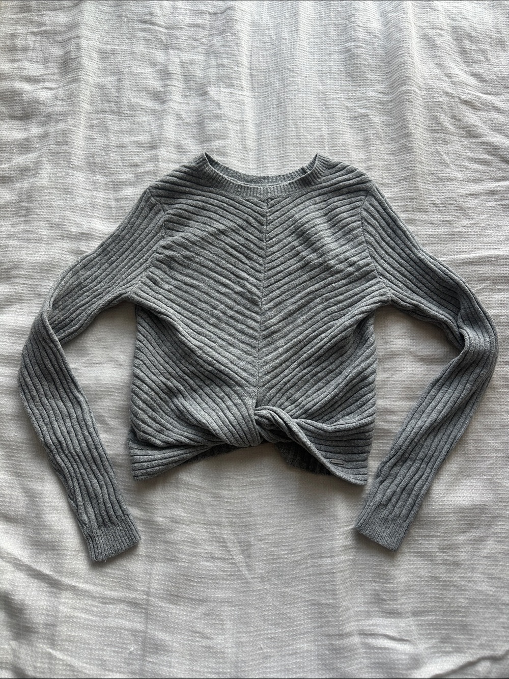 Hollister Gray Ribbed Twist-Front Crewneck Sweater